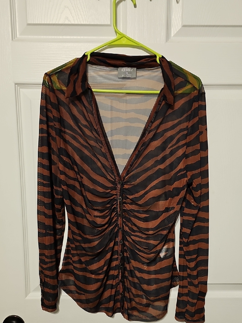 K JORDAN Zebra-Stripe Sheer Blouse - Black & Brown